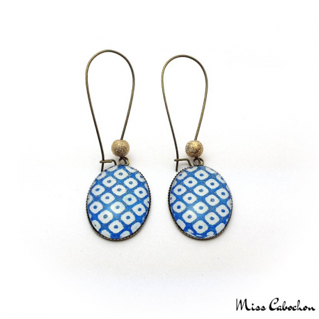 Checkerboard Oval Earrings - Blue and White