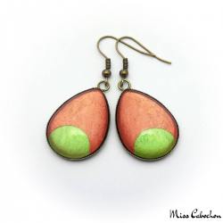 Teardrop earrings - Green Moon on Orange